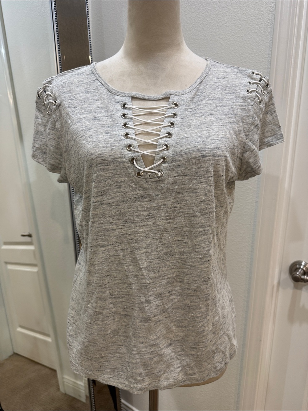 Generation Love Heather Gray Lace-Up V-Neck 100% Linen Tee